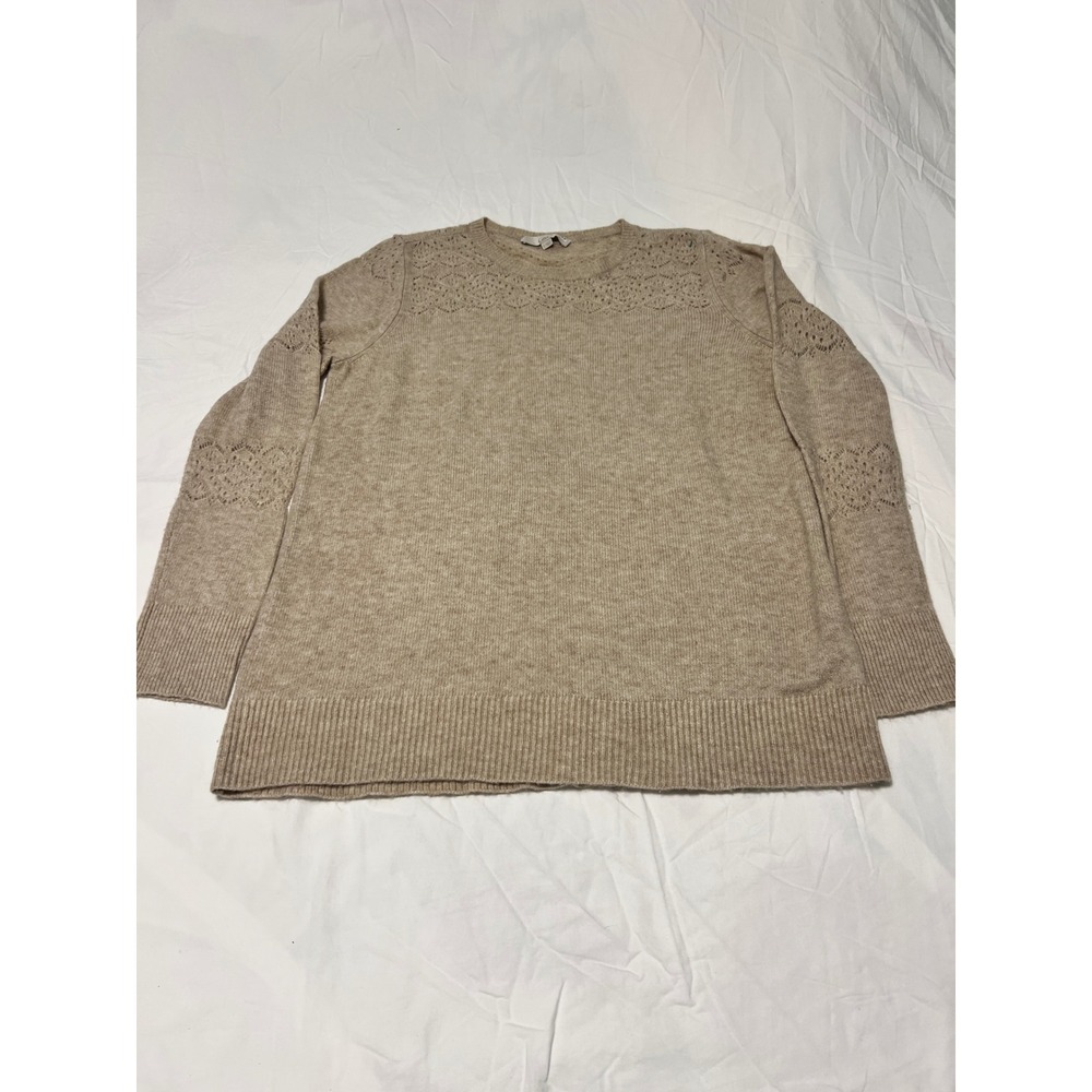 Loft Tan Oatmeal Pointelle Eyelet Crew Neck Sweater Womens Large Long Sleeve
